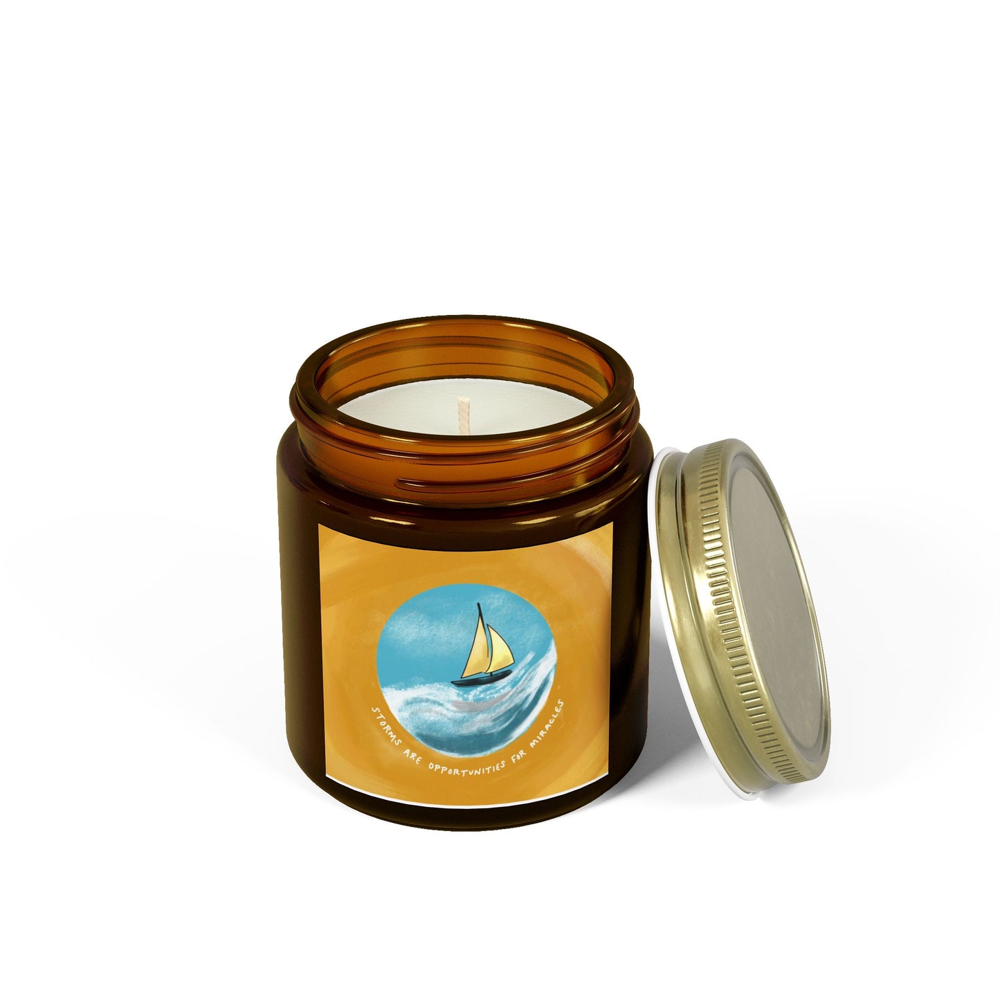 Storms  Miracles, Coconut Apricot Scented Candle — Beach Sailboat Soy Jar (4oz & 9oz)