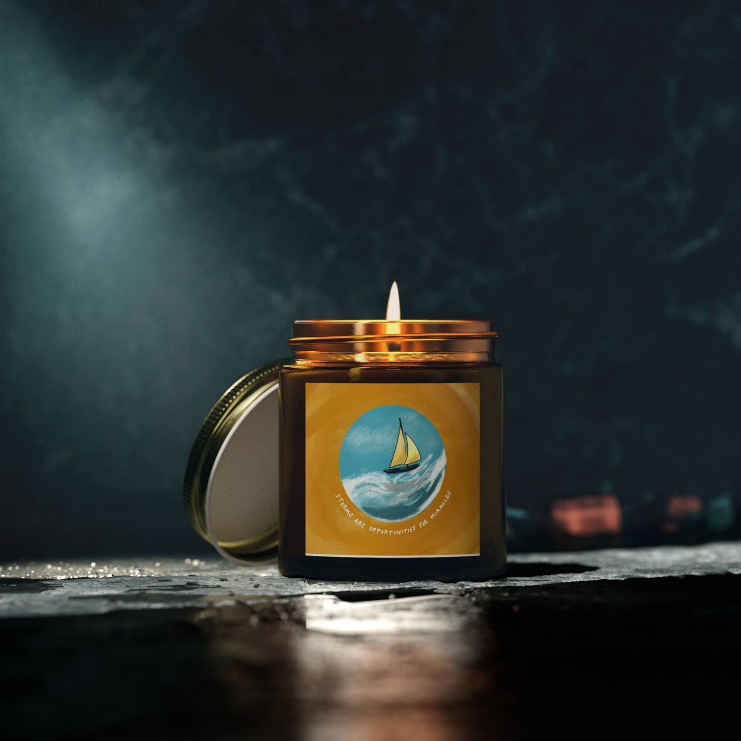 Storms  Miracles, Coconut Apricot Scented Candle — Beach Sailboat Soy Jar (4oz & 9oz)