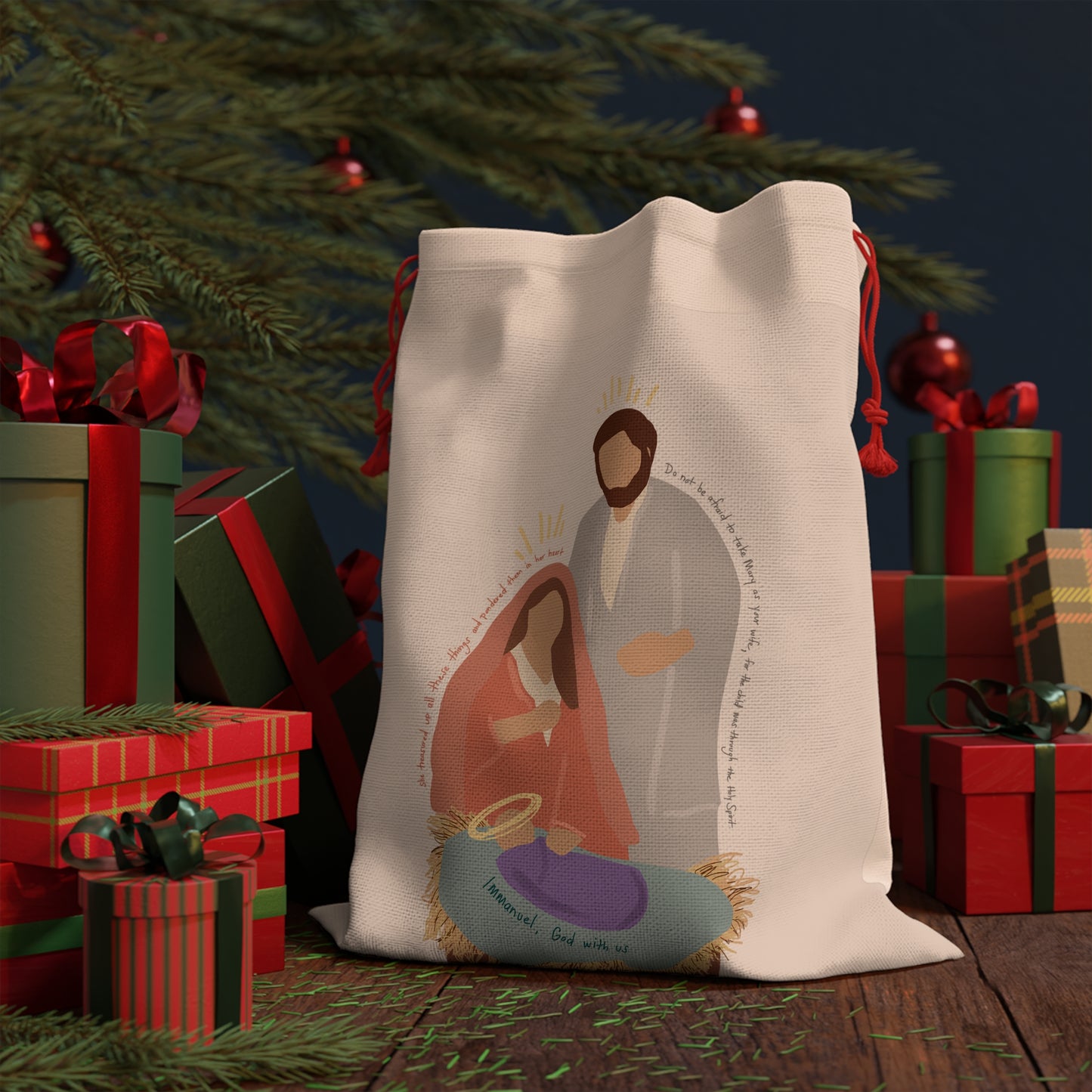Nativity Gift Bag — Mary, Joseph & Baby Jesus Christmas Drawstring Pouch