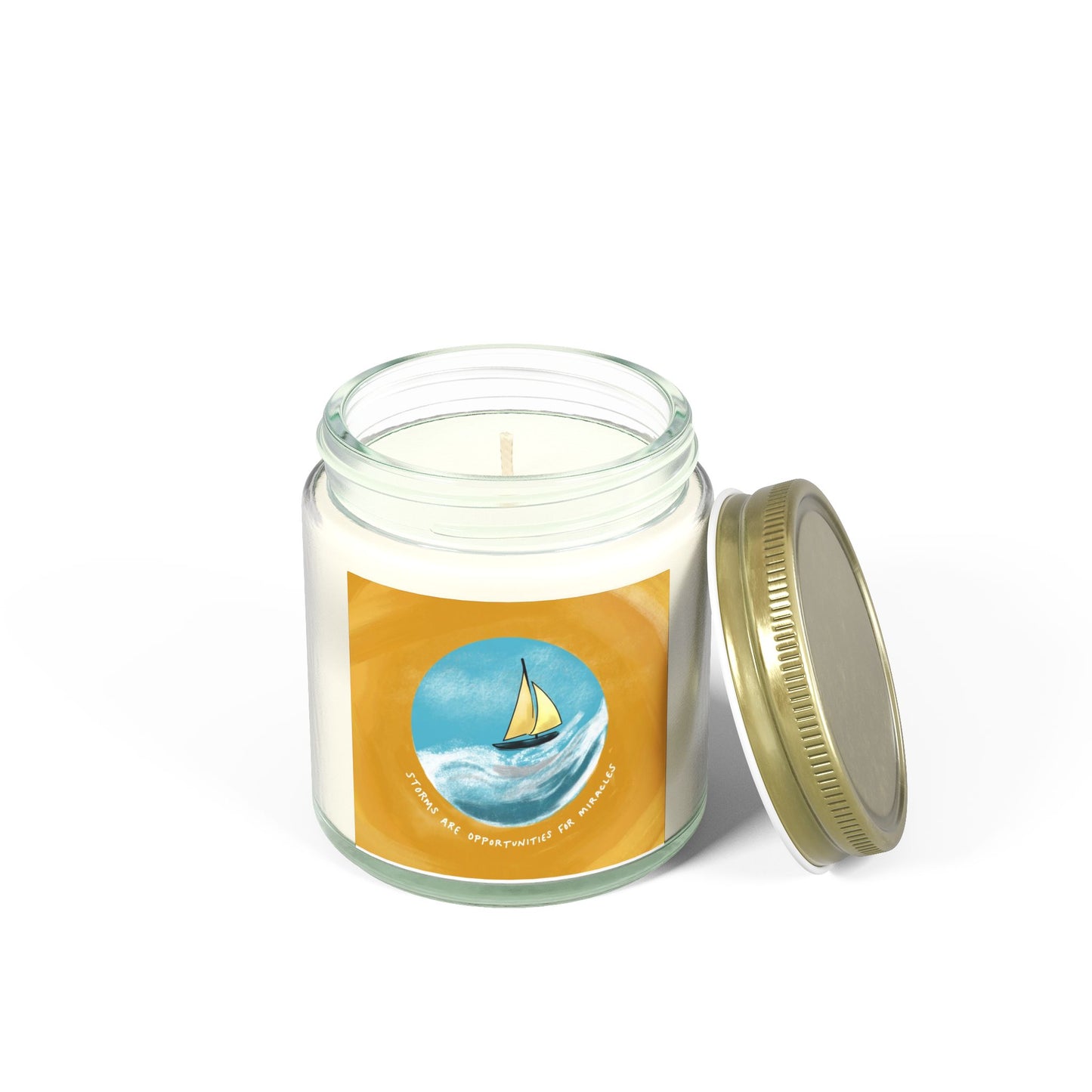 Storms  Miracles, Coconut Apricot Scented Candle — Beach Sailboat Soy Jar (4oz & 9oz)