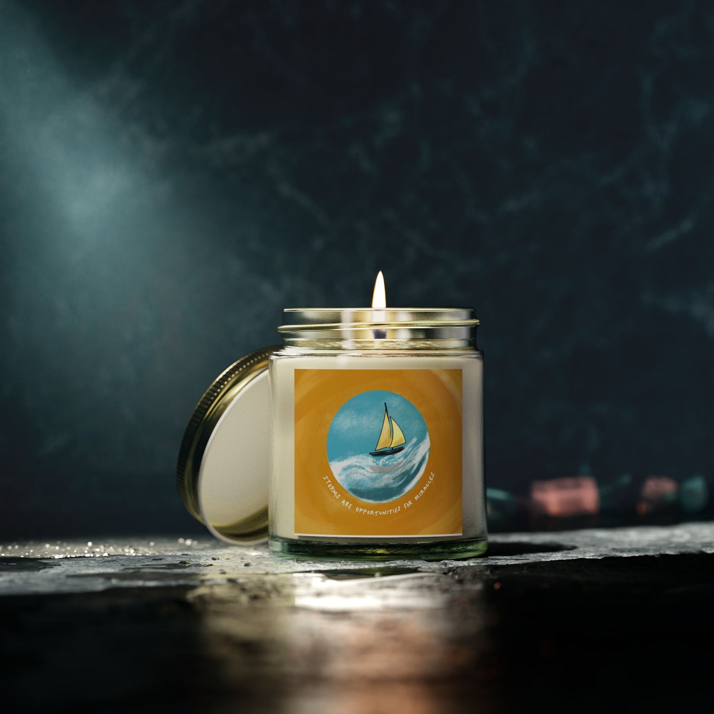 Storms  Miracles, Coconut Apricot Scented Candle — Beach Sailboat Soy Jar (4oz & 9oz)